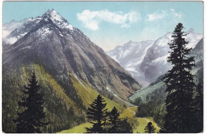 Россия - Открытка - Виды Кавказа. Гора Дамбай-Ульген и ущелье р. Аманаус