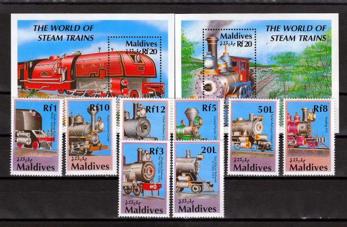 Мальдивы(Par_003) Марки паровозы №1478-1485 Бл. №179-180