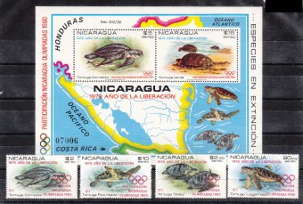 (Sea_Stamp_053(1)Никарагуа.№2099-2102.Бл.114. Марки черепахи