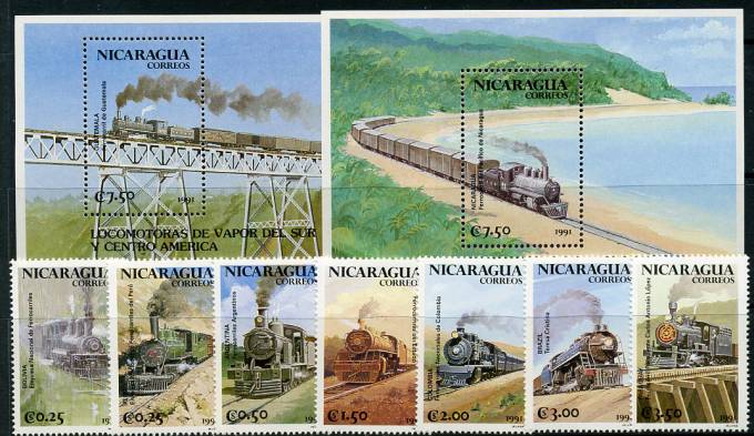 Никарагуа(Nicaragua_train_3064-70(2) Марки паровозы. Кат. Бл. №198-199. 3064-3070.