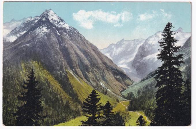 Россия - Открытка - Виды Кавказа. Гора Дамбай-Ульген и ущелье р. Аманаус.