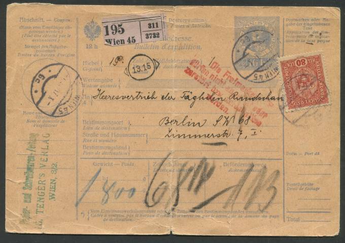 Австрия - Бланк почтового отправления из Вены в Берлин