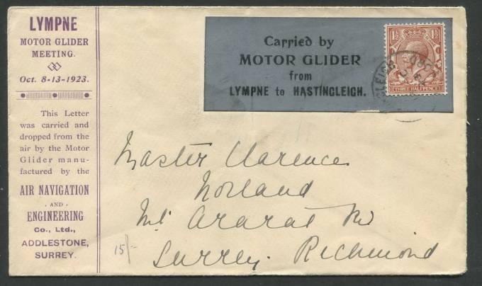 Великобритания - Письмо - из Лимпне в Хастингли (письмо было сброшено с легко-моторного глайдера)