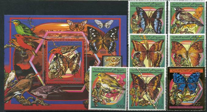 (Comores_Buterfly_001)№878-883,885,Бл.286 Бабочки