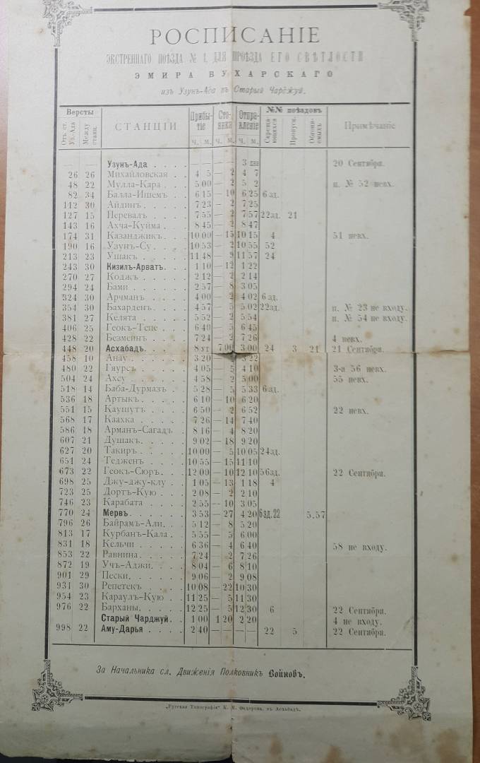 Росписание экстренного поезда №1 из Узун-Ада в Старый Чарджуй