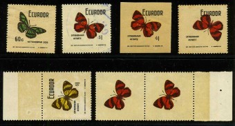 (Ecuador-1475_1485(1)_6m) Эквадор Бабочки разновидности. Одна пара и 5 марок. кат. №1475, №1485 Сертификат.