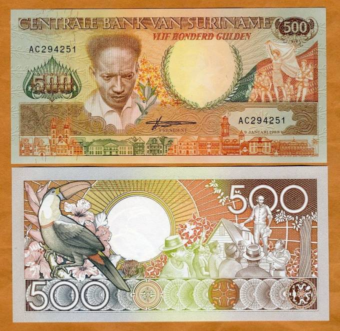 (Surinam-1988_500Guld(090) Суринам, Surinam, 500 Gulden, 1988 P-135, UNC Тукан
