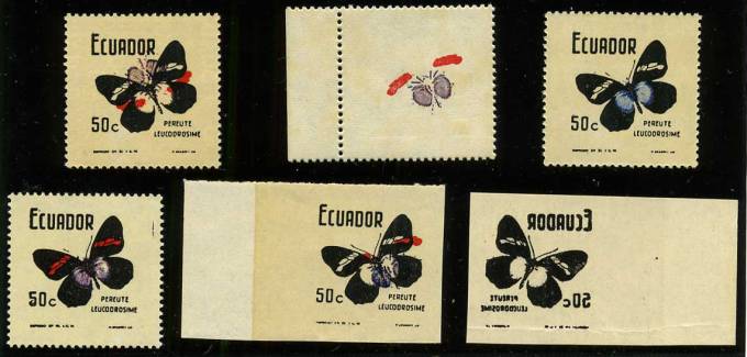 (Ecuador-1482(1)_6m) Эквадор. Бабочки. Разные варианты переверток. 6 марок кат. №1482 ** Сертификат. 