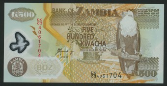  (Bank_Afriсa_027)Банкнота ZAMBIA(Замбия) - 500 Kwacha 2009г (UNC)  полимер
