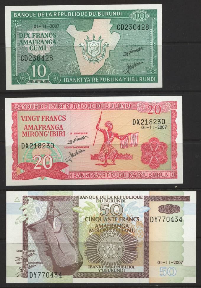  (Bank_Afriсa_034) Банкнота BURUNDI(Бурунди) - 10.20.50.100.500.1000  Francs 2007г (UNC) (комплект 6 шт)