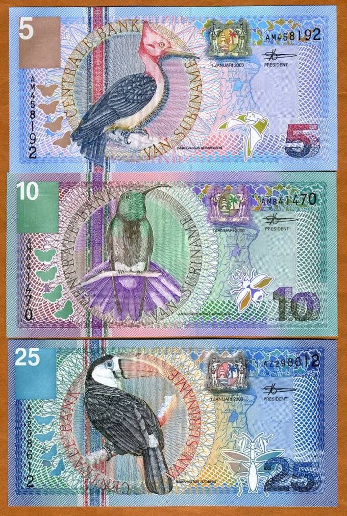 (Surinam_2000_0146-48_Set) Суринам, набор. Suriname, 5;10;25 Gulden, 2000, P-146;147;148 UNC