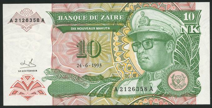  (Bank_Afriсa_040)  Банкнота ZAIR(Заир) - 10  Zaires 1993 г (UNC)