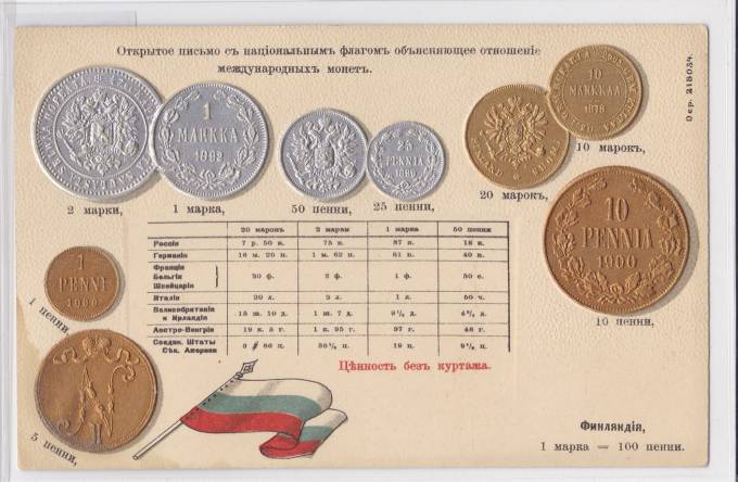 Финляндия - Открытое письмо с национальным флагом объясняющее отношение международных монет