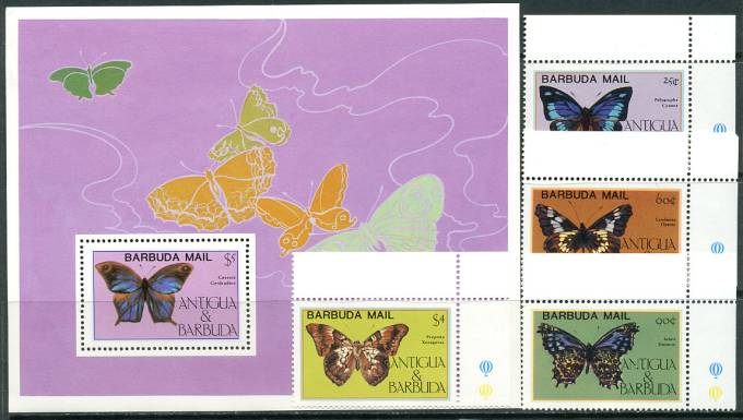 (Antigua_Buterfly_002)Барбуда.№806-809,бл.94. Бабочки  